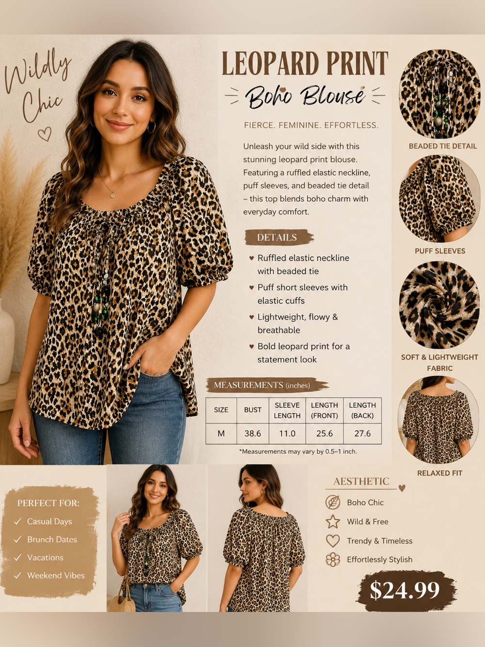 Moda International Leopard Print Peasant Blouse - Tan & Black